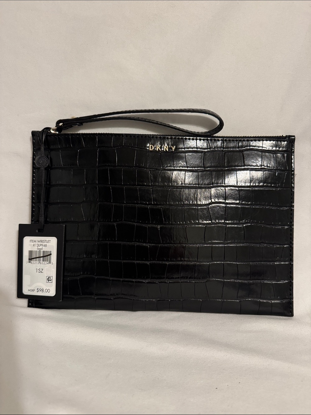 NWT DKNY Black Croc embossed Wristlet Clutch Purse